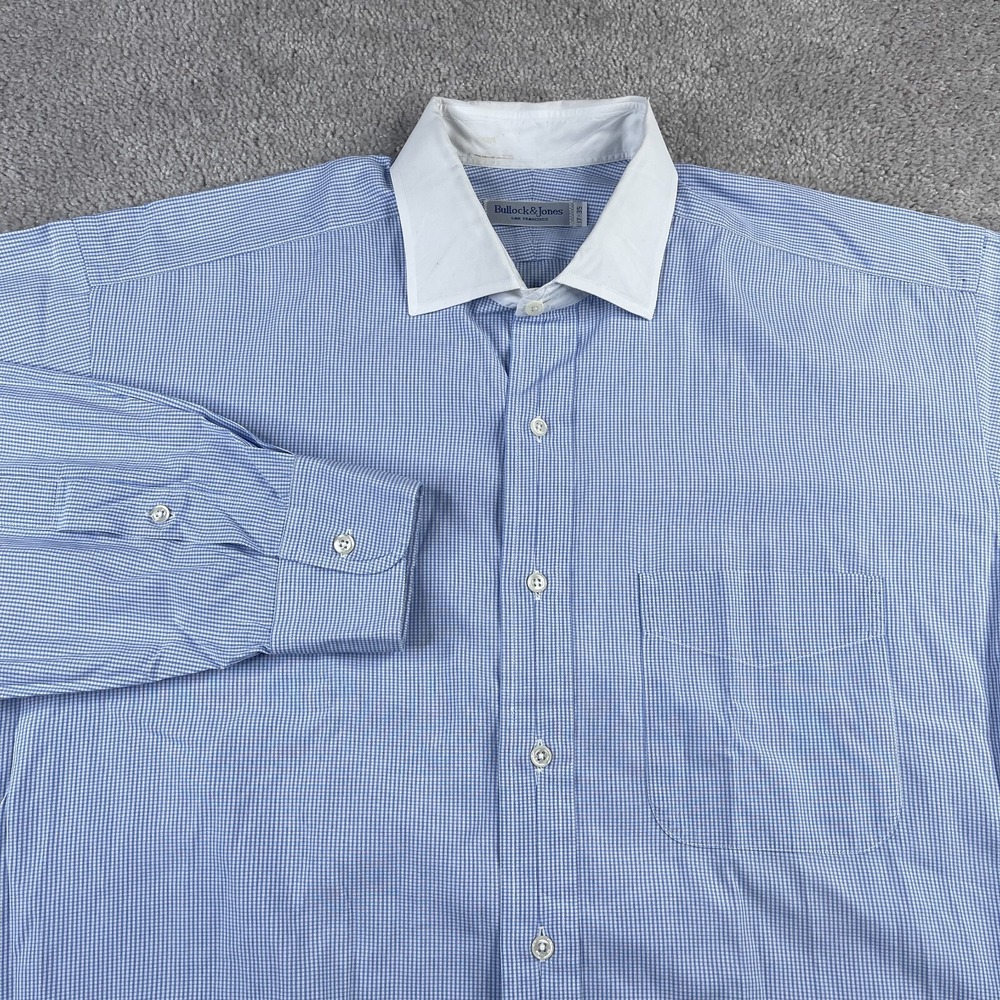 Bullock and Jones Shirt Mens 17 35 Blue Checkered Contrast Collar Made‎ in USA